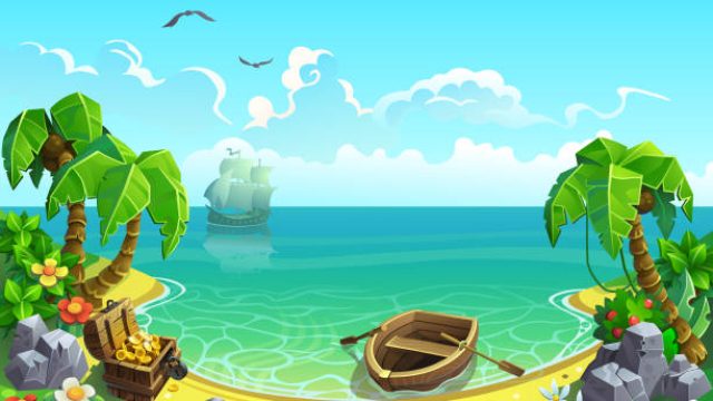 Treasure chest in the Gulf of the tropical island. Vector illustration.